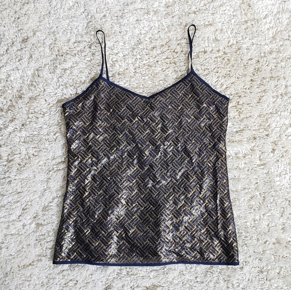 BANANA REPUBLIC Holiday Blue Gold Sequin Camisole Tank Top SZ M - Picture 3 of 7